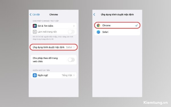 Mở Ứng dụng trình duyệt mặc định → chọn Chrome