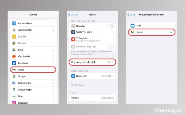 Chọn Gmail → Ứng dụng trình duyệt mặc định → Gmail