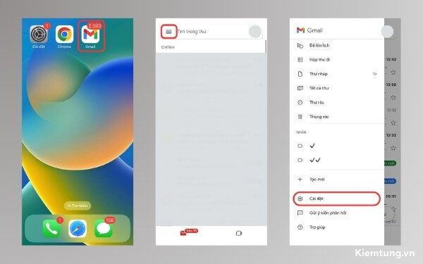 Mở Gmail → nhấn biểu tượng ba gạch → chọn Cài đặt
