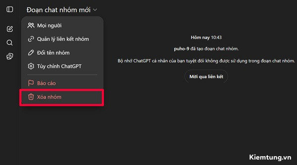 Nhấp vào mục Đoạn chat nhóm rồi chọn tùy chọn Xoá nhóm