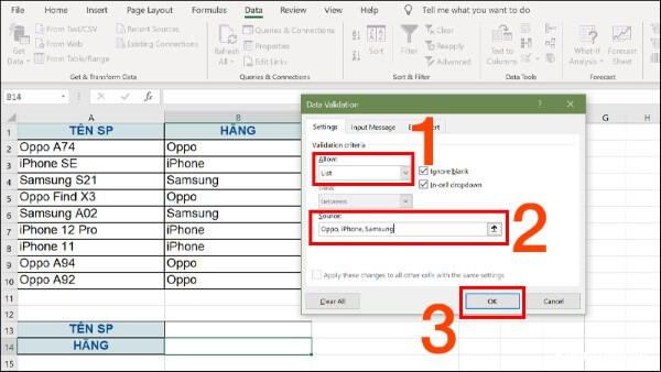 Nhập các giá trị muốn hiển thị