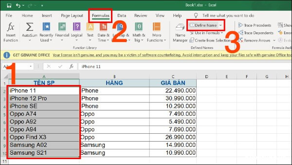 Chọn Formulas > Define Name
