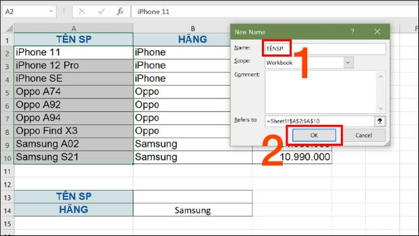 Nhập tên vùng dữ liệu > nhấn OK