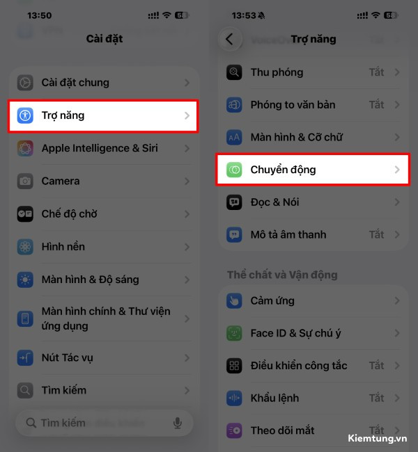 Mở Cài đặt → Trợ năng → Chuyển động