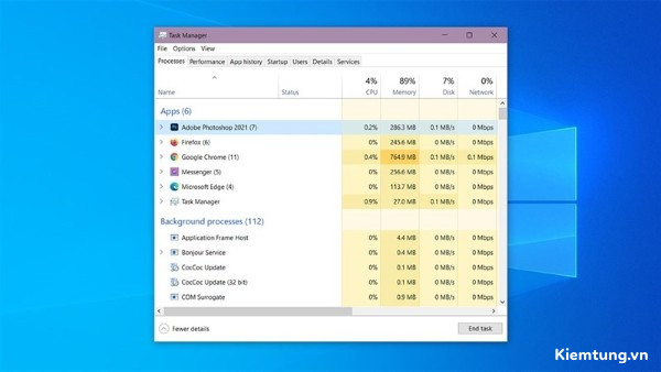 Nhấn tổ hợp phím Ctrl + Shift + Esc → chọn Task Manager