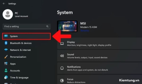 Nhấn Windows → Settings → System