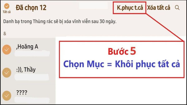xoa-thung-rac-dien-thoai-samsung-11 Chọn liên hệ > nhấn Khôi phục tất cả